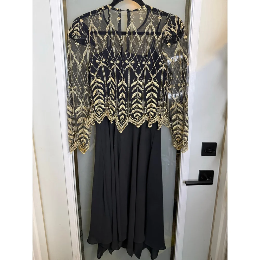 Vintage Cachet Petite by Bari Protas Black Gold Long Sleeve Dress 4P - Picture 6 of 9